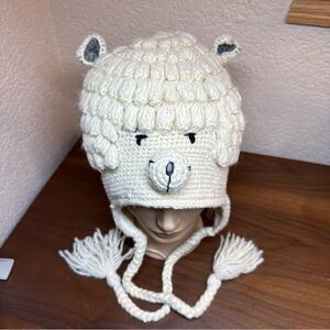 English Heritage Hand Knit in Nepal Wool Beanie Hat Alpaca Llama Lines OS Ivory